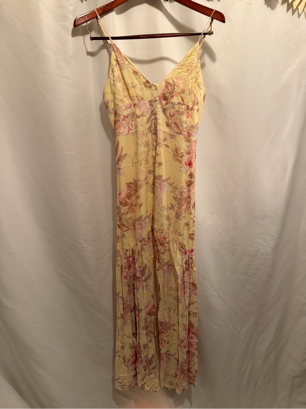 MAJORELLE Yellow Floral Slip Maxi with Pink Accents